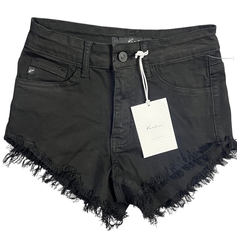 Kancan Denim Shorts Womens 24 Black High Rise Frayed Raw Hem Stretch Cutoff New